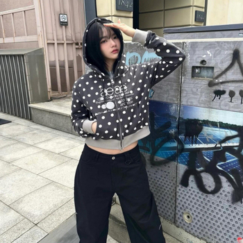 Ženska pamučna dukserica sa zipom, uski kroj, kratka duljina, dugi rukavi, bez ovratnika, casual japansko-korejski stil