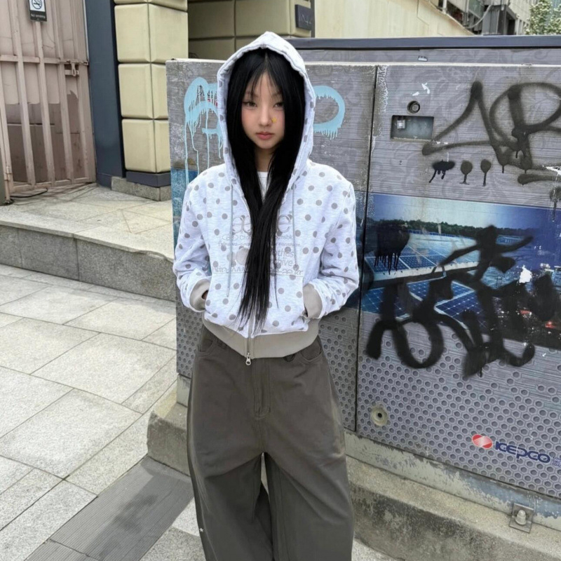 Ženska pamučna dukserica sa zipom, uski kroj, kratka duljina, dugi rukavi, bez ovratnika, casual japansko-korejski stil