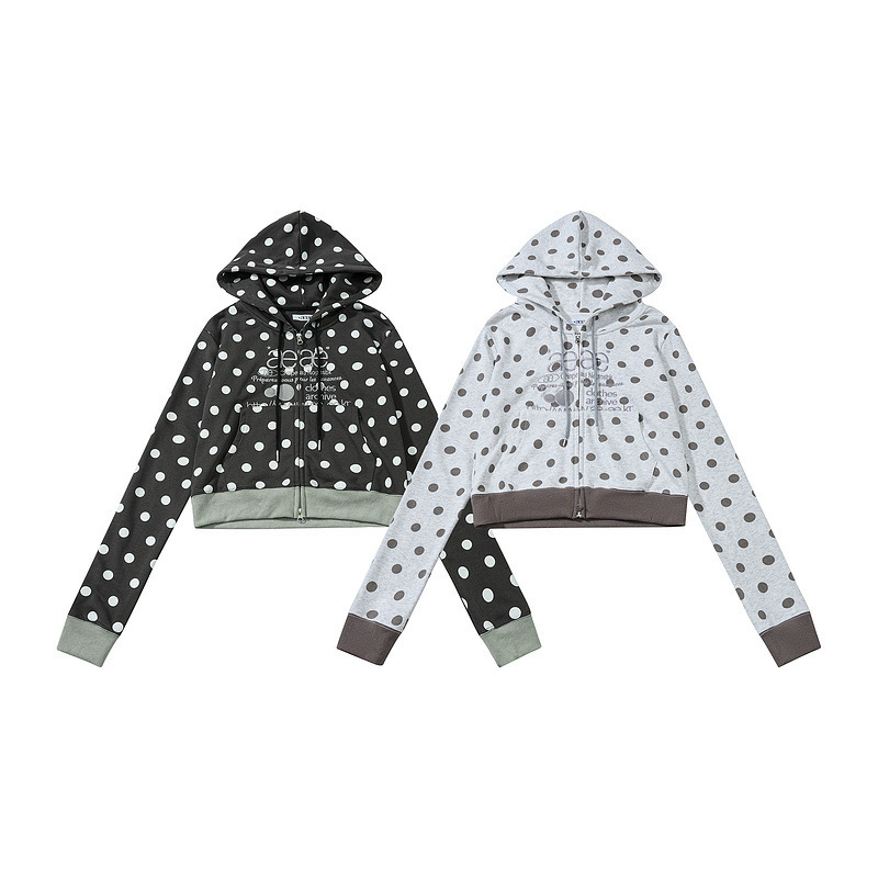 Aeae Dámska slim-fit mikina s kapucňou na zips s bodkami a písmenami vyšívané, 95% bavlna, jeseň/zima