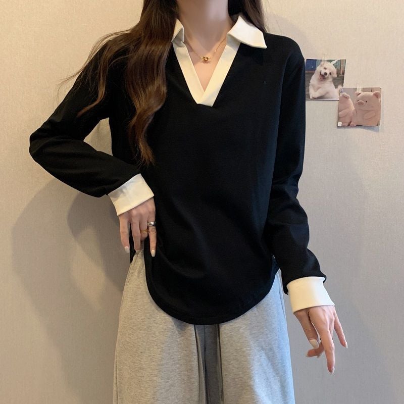 Plus-size ženska dukserica s dugim rukavima i polo ovratnikom, slobodan kroj, usklađen uzorak boja, duljina 50–65 cm, jesen 2025