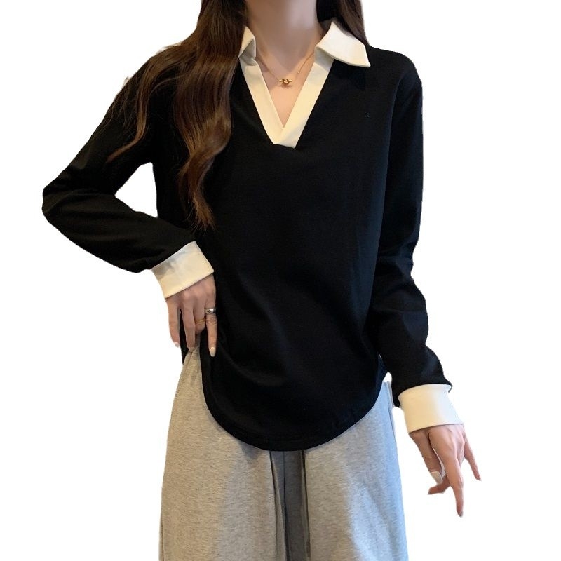 Plus-size ženska dukserica s dugim rukavima i polo ovratnikom, slobodan kroj, usklađen uzorak boja, duljina 50–65 cm, jesen 2025