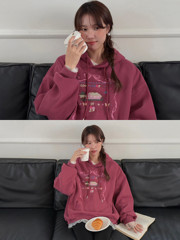 Hanorac cu glugă brodat cu personaje animate, stil coreean, fleece interior, top de iarnă pentru femei, bumbac-poliester, gros