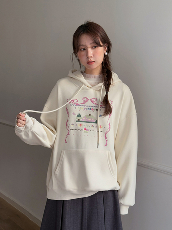 Hanorac cu glugă brodat cu personaje animate, stil coreean, fleece interior, top de iarnă pentru femei, bumbac-poliester, gros