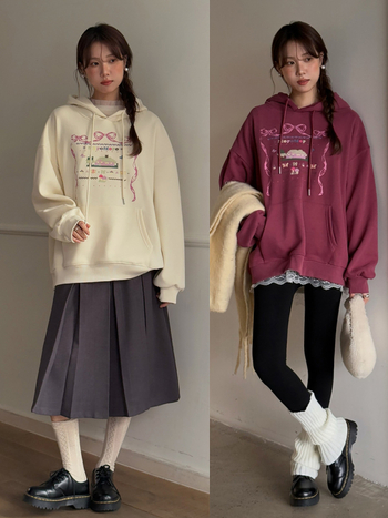 Hanorac cu glugă brodat cu personaje animate, stil coreean, fleece interior, top de iarnă pentru femei, bumbac-poliester, gros