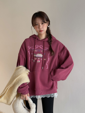 Hanorac cu glugă brodat cu personaje animate, stil coreean, fleece interior, top de iarnă pentru femei, bumbac-poliester, gros