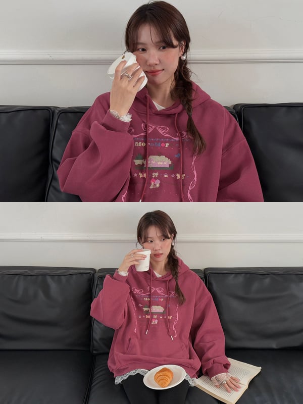 Hanorac cu glugă brodat cu personaje animate, stil coreean, fleece interior, top de iarnă pentru femei, bumbac-poliester, gros