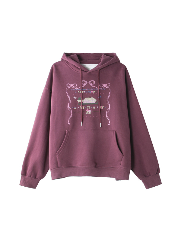 Hanorac cu glugă brodat cu personaje animate, stil coreean, fleece interior, top de iarnă pentru femei, bumbac-poliester, gros