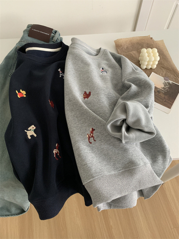 Ženski pulover s fleec podstavom i šarenom izvezom šteneta, vintage stil, jesen-zima, širok slobodan kroj, debela topla pulover.