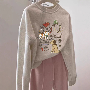 Ženska dukserica s printom i okruglim izrezom, udoban široki kroj, plus veličina, dugi rukavi, jesen-zima 2025, korejski stil
