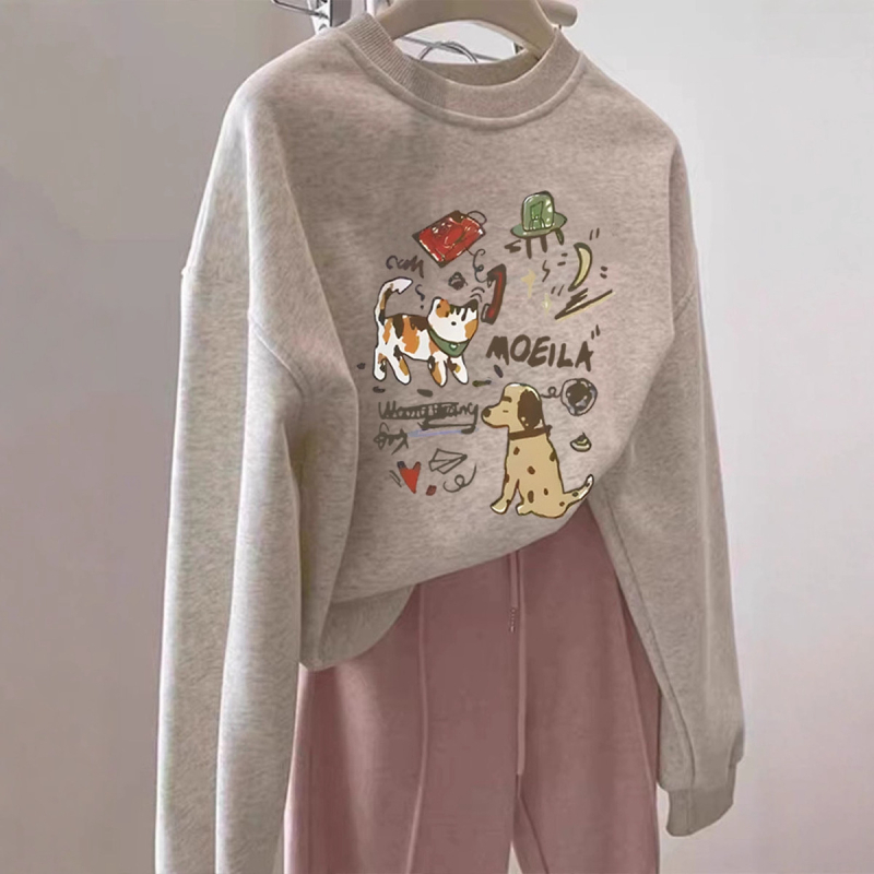 Ženska dukserica s printom i okruglim izrezom, udoban široki kroj, plus veličina, dugi rukavi, jesen-zima 2025, korejski stil