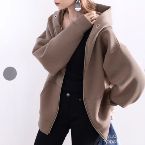 Kardigan sa zipom i kapuljom, pamukasto-sintetičko vlakno, japansko-korejski casual stil, dugi rukavi