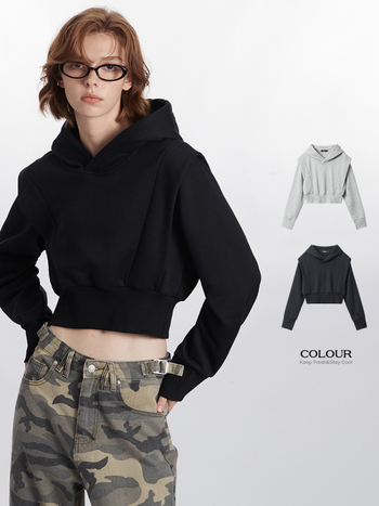 Hanorac crop cu glugă – mâneci lungi, pulover, amestec poliester-bumbac, Toamnă 2024