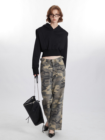 Hanorac crop cu glugă – mâneci lungi, pulover, amestec poliester-bumbac, Toamnă 2024