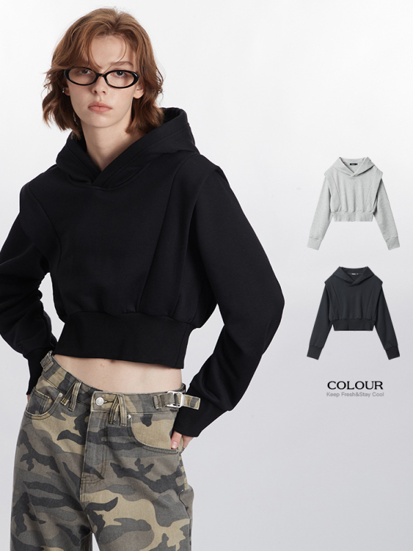 Hanorac crop cu glugă – mâneci lungi, pulover, amestec poliester-bumbac, Toamnă 2024