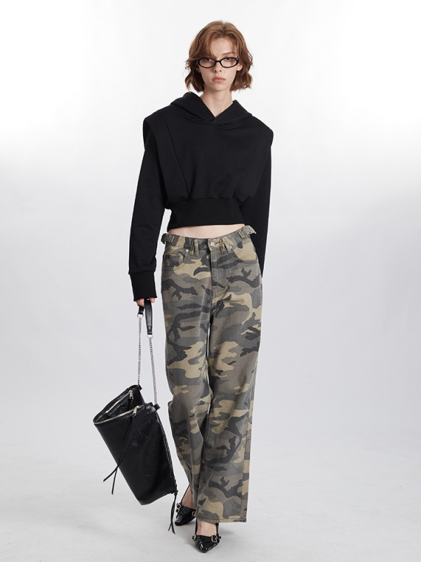 Hanorac crop cu glugă – mâneci lungi, pulover, amestec poliester-bumbac, Toamnă 2024