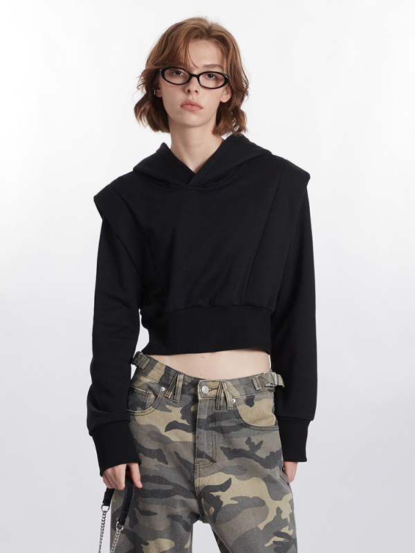 Hanorac crop cu glugă – mâneci lungi, pulover, amestec poliester-bumbac, Toamnă 2024