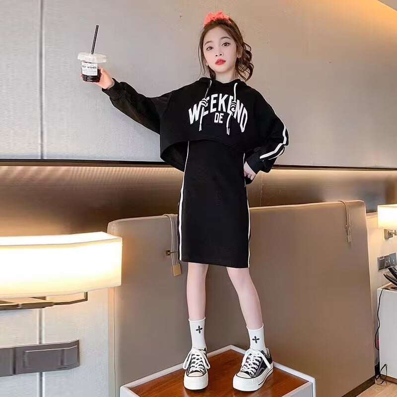 Детски комплект с качулка в корейски стил за момичета: есенно–пролетно облекло със суитшърт и рокля