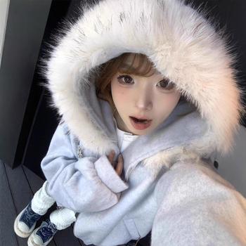 Dámska mikinová bunda s kapucňou a kožušinovým golierom, polyester 80–90%, dlhé rukávy, voľný japonsko–kórejský štýl, jeseň 2025
