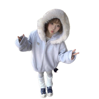 Dámska mikinová bunda s kapucňou a kožušinovým golierom, polyester 80–90%, dlhé rukávy, voľný japonsko–kórejský štýl, jeseň 2025