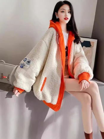 Jakna od ovčje vunene s kapuljom i zatvaračem – široki kroj, Harajuku/Korejski leisure stil, zima 2024, poliester/elastin