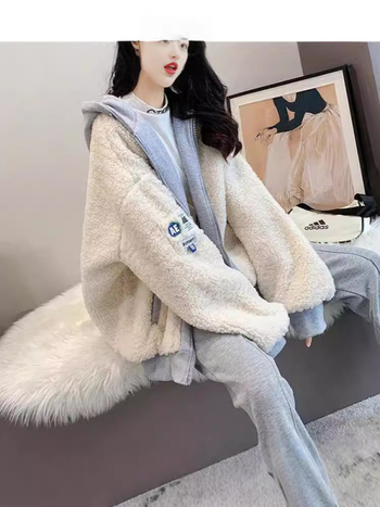Jakna od ovčje vunene s kapuljom i zatvaračem – široki kroj, Harajuku/Korejski leisure stil, zima 2024, poliester/elastin