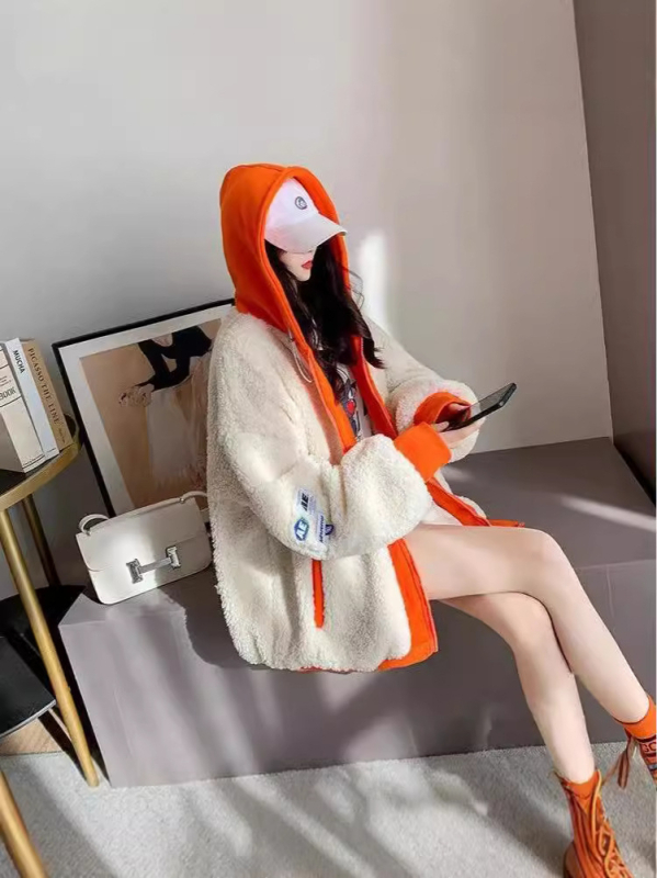 Jakna od ovčje vunene s kapuljom i zatvaračem – široki kroj, Harajuku/Korejski leisure stil, zima 2024, poliester/elastin