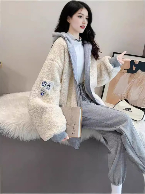Jakna od ovčje vunene s kapuljom i zatvaračem – široki kroj, Harajuku/Korejski leisure stil, zima 2024, poliester/elastin