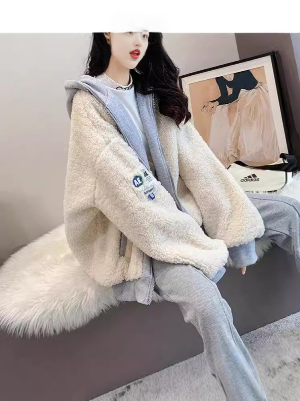 Jakna od ovčje vunene s kapuljom i zatvaračem – široki kroj, Harajuku/Korejski leisure stil, zima 2024, poliester/elastin