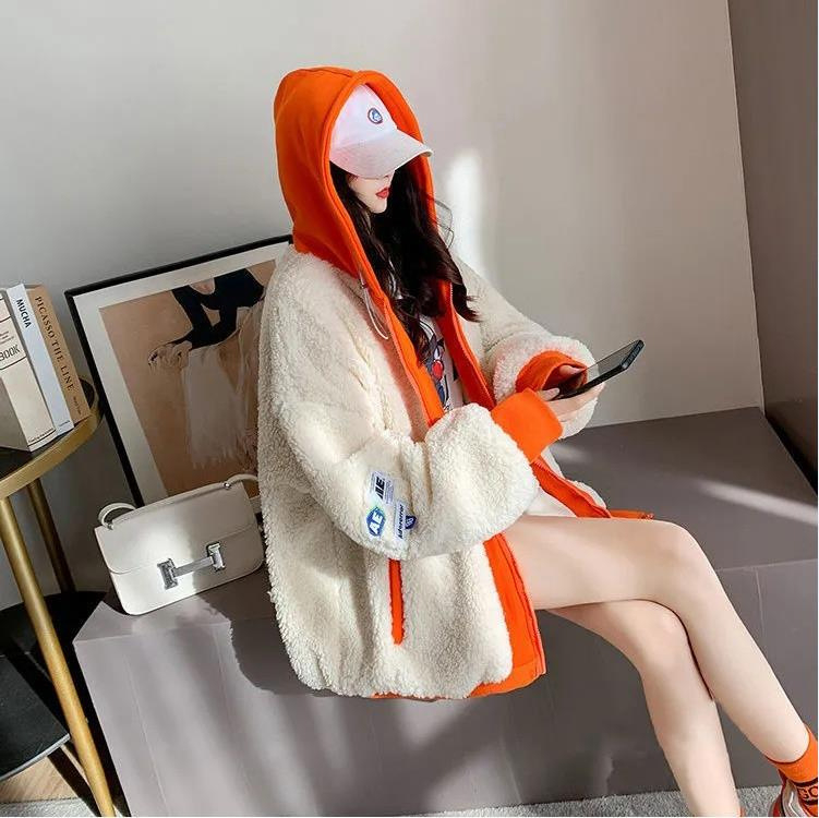 Jakna od ovčje vunene s kapuljom i zatvaračem – široki kroj, Harajuku/Korejski leisure stil, zima 2024, poliester/elastin