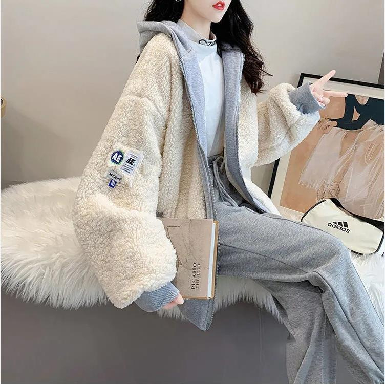 Jakna od ovčje vunene s kapuljom i zatvaračem – široki kroj, Harajuku/Korejski leisure stil, zima 2024, poliester/elastin