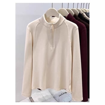 Pulover s polu-zipom i stojećim ovratnikom, dvostruki velur, dugi rukavi; poliester/elastan (90-95% poliester, 30-50% elastan); standardna kroj