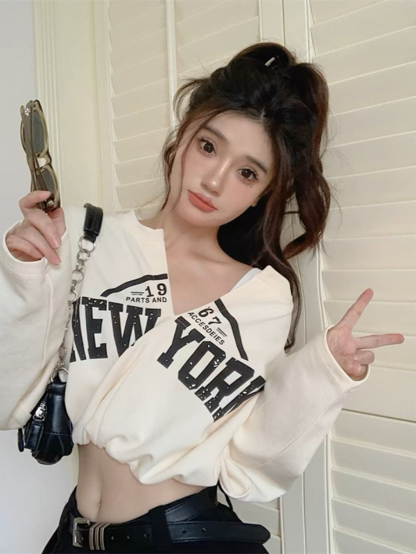 Ženski pulover s V-izrezom, otisak, poliester, dugi rukavi, jesensko 2024 izdanje