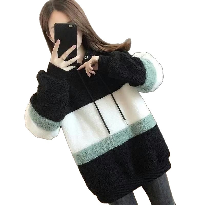 Női kapucnis pulóver fleece-béléssel, laza szabású, patchwork dizájn, vastag poliészter-akril anyag