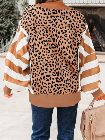 Pulover cu imprimeu leopard, guler rotund, mâneci lungi, croială lejeră