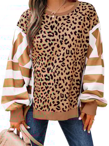 Pulover cu imprimeu leopard, guler rotund, mâneci lungi, croială lejeră