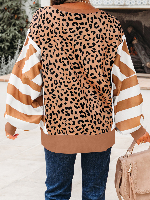 Pulover cu imprimeu leopard, guler rotund, mâneci lungi, croială lejeră