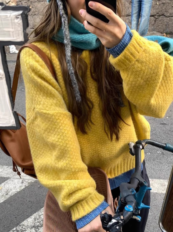 Pulover od ovčje vune s pamuk-poliester smesom, casual stil, okrugli izrez, dugi rukavi, ležernog kroja