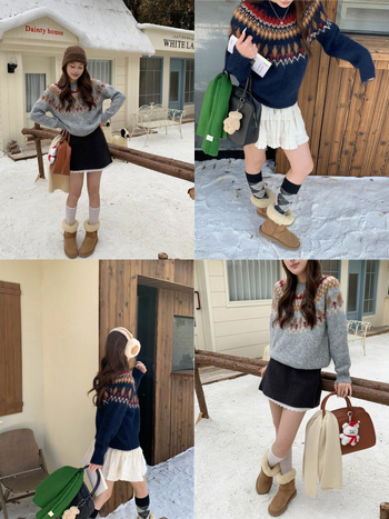 Пуловер от полиестер с жакардов геометричен модел Fair Isle, кръгло деколте и дълги ръкави.