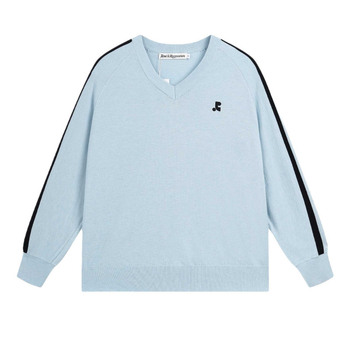 Uniszex kötött pulóver V-nyakkal, hímzével, laza szabás, pamut-szál keverék, hosszú ujjú