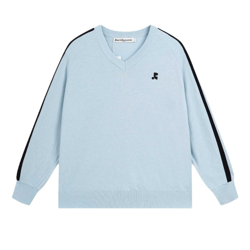 Uniszex kötött pulóver V-nyakkal, hímzével, laza szabás, pamut-szál keverék, hosszú ujjú