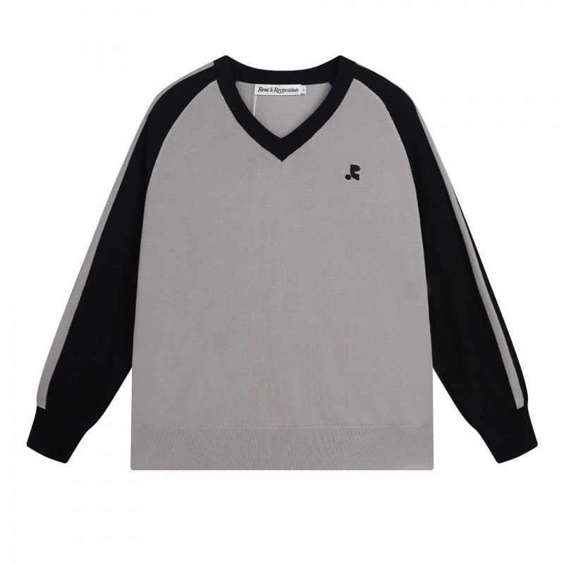 Uniszex kötött pulóver V-nyakkal, hímzével, laza szabás, pamut-szál keverék, hosszú ujjú