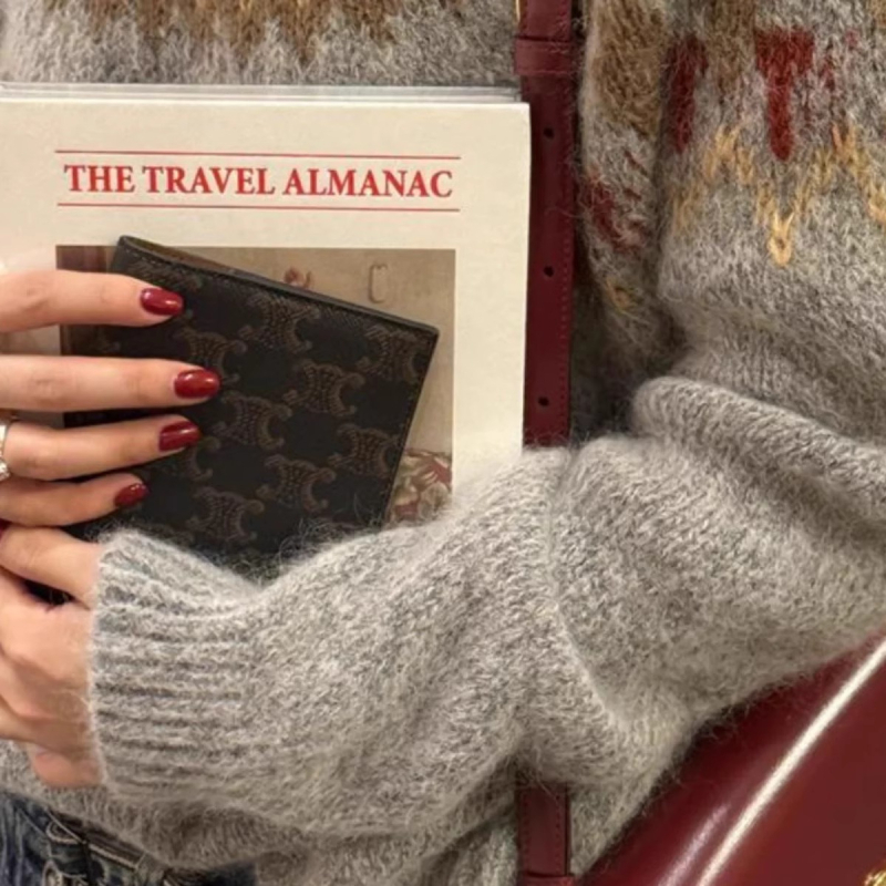 Sivi mohair pleteni džemper s jacquardom za žene, jesen-zima, korejski stil, širok kroj