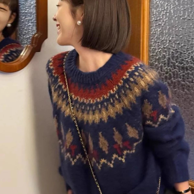 Sivi mohair pleteni džemper s jacquardom za žene, jesen-zima, korejski stil, širok kroj