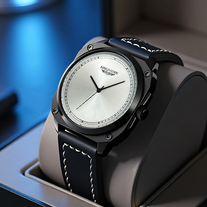 Pánske quartz hodinky s koženým remienkom, 41 mm kruhový ciferník, 9 mm hrúbka, SL68 pohyb, puzdro zliatiny, vodotesné, spona s kolíkom, možnosť potlače loga