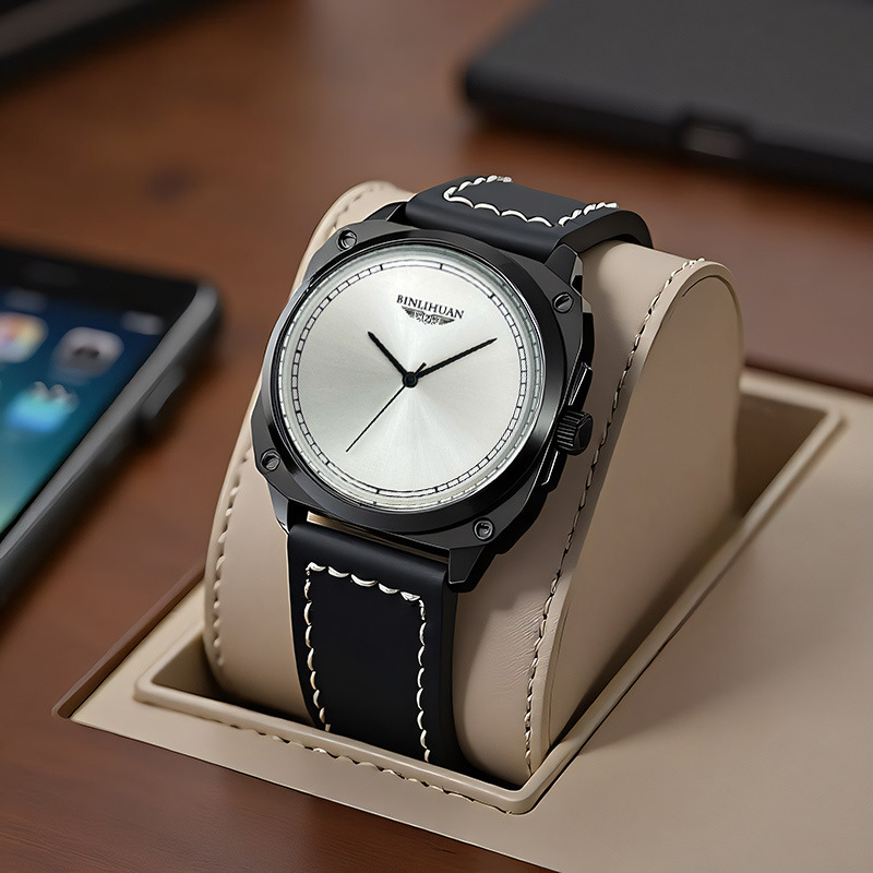 Pánske quartz hodinky s koženým remienkom, 41 mm kruhový ciferník, 9 mm hrúbka, SL68 pohyb, puzdro zliatiny, vodotesné, spona s kolíkom, možnosť potlače loga