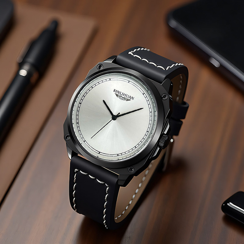 Pánske quartz hodinky s koženým remienkom, 41 mm kruhový ciferník, 9 mm hrúbka, SL68 pohyb, puzdro zliatiny, vodotesné, spona s kolíkom, možnosť potlače loga