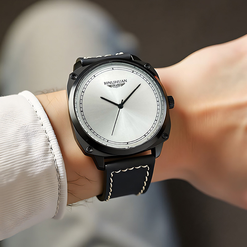 Pánske quartz hodinky s koženým remienkom, 41 mm kruhový ciferník, 9 mm hrúbka, SL68 pohyb, puzdro zliatiny, vodotesné, spona s kolíkom, možnosť potlače loga