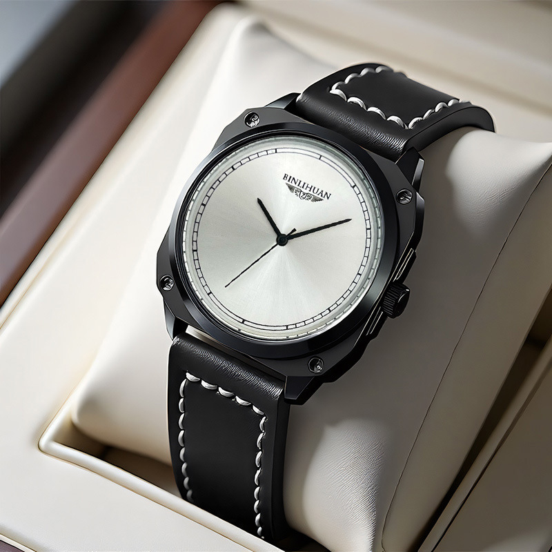 Pánske quartz hodinky s koženým remienkom, 41 mm kruhový ciferník, 9 mm hrúbka, SL68 pohyb, puzdro zliatiny, vodotesné, spona s kolíkom, možnosť potlače loga