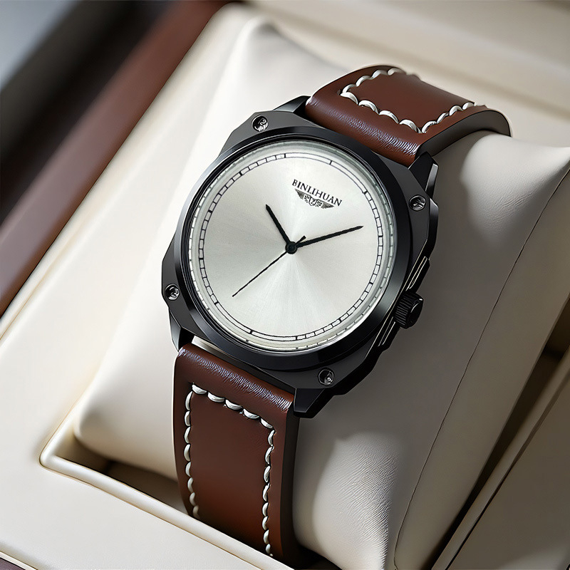 Pánske quartz hodinky s koženým remienkom, 41 mm kruhový ciferník, 9 mm hrúbka, SL68 pohyb, puzdro zliatiny, vodotesné, spona s kolíkom, možnosť potlače loga