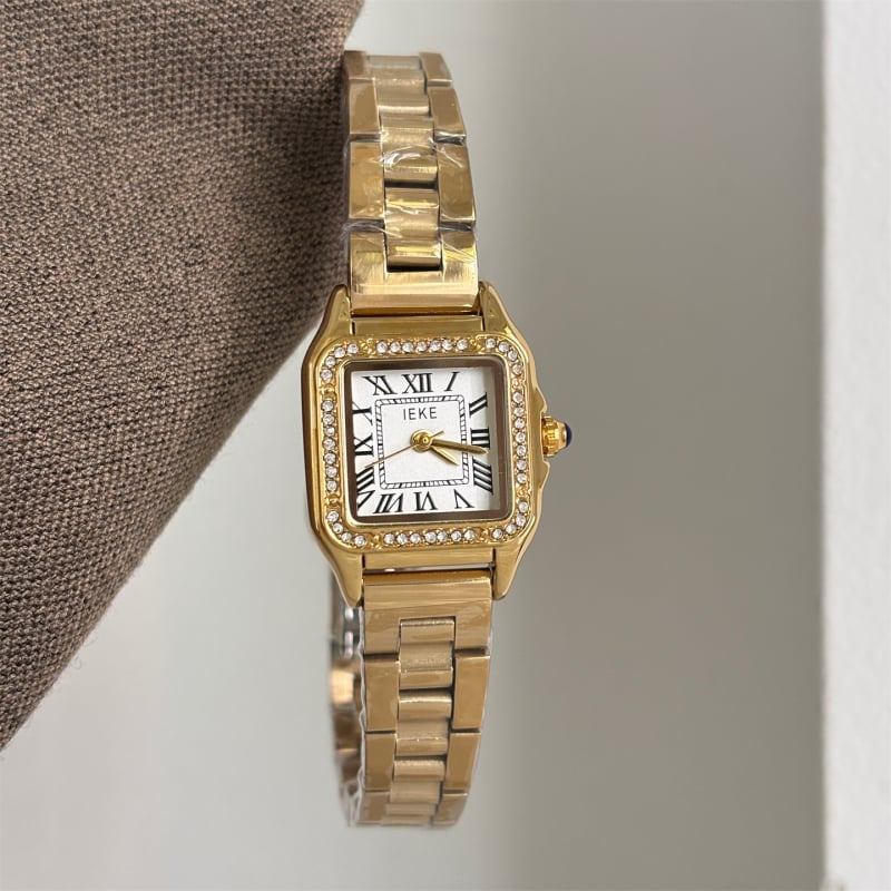 Ieke női kvarcóra, négyszögletes számlap, fém tokozás, rozsdamentes acél szíj, spirál koronával